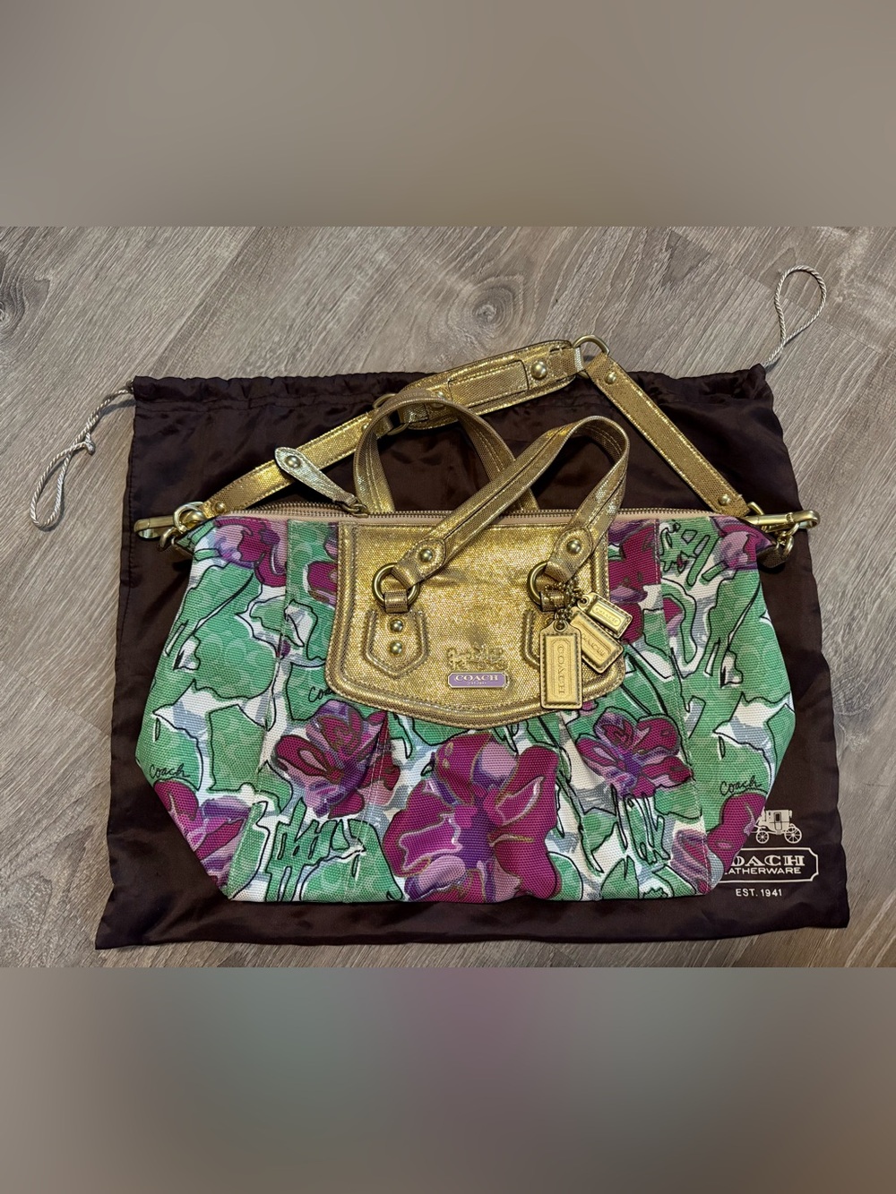 Coach Floral Gold Glitter Flower Leather Bag Purse Retired